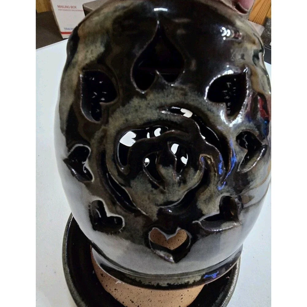 Midnight Sun Pottery Garold Amsberry Ceramic Candle Holder Black Green Marbled